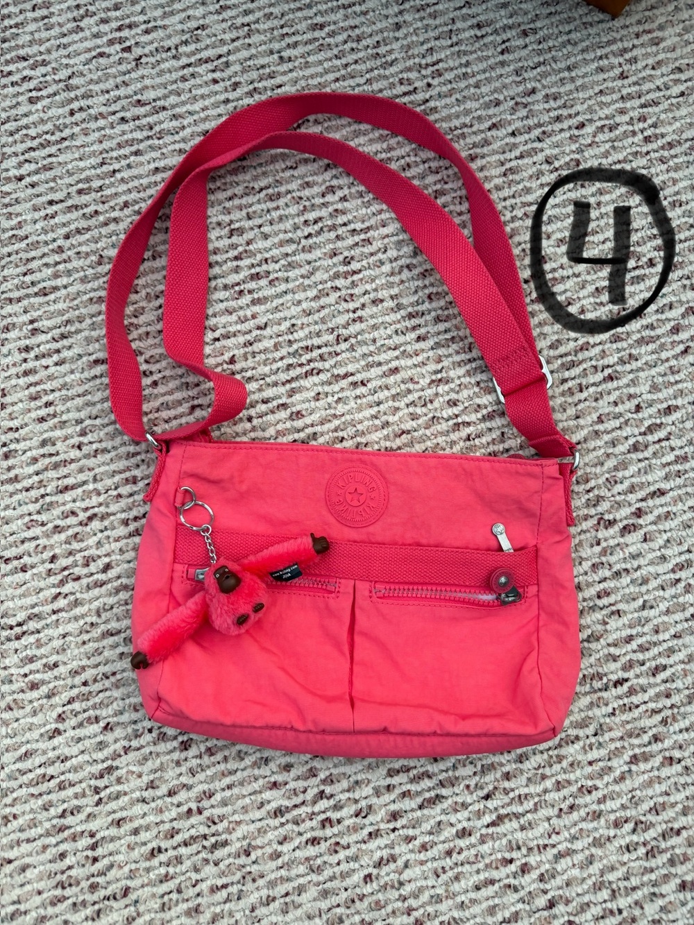 Kipling Hot Pink Crossbody Bag with Plush Monkey Keychain